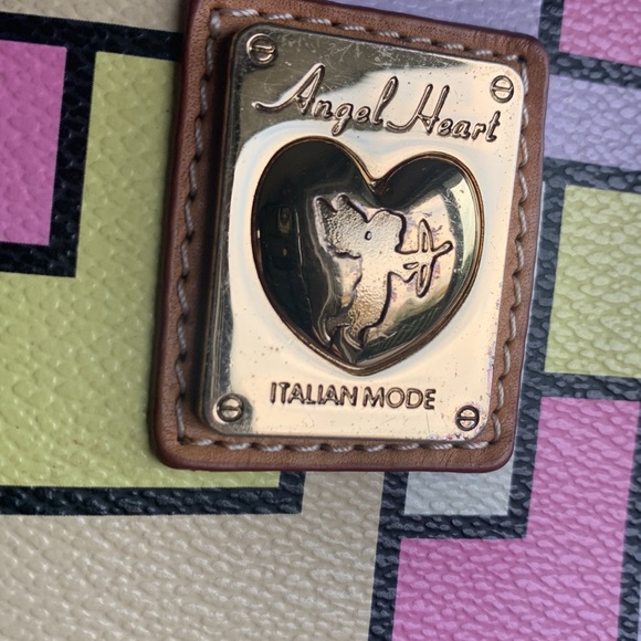 Italian Mondrian style leather yellow/pink/mauve tan straps trim bucket bag EUC - Picture 8 of 9